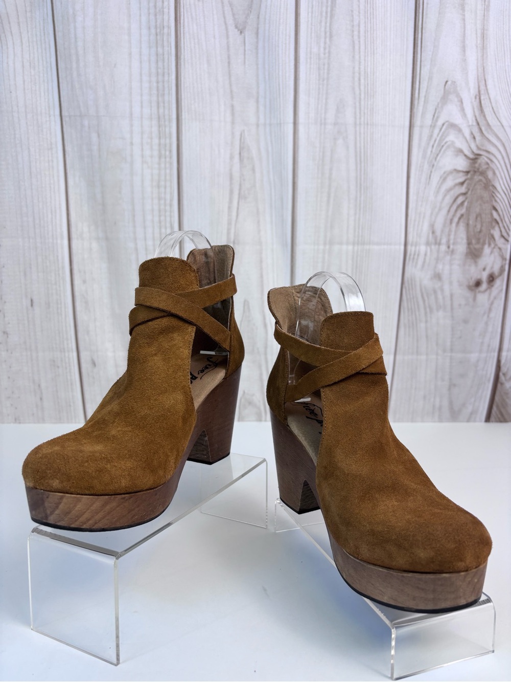 Free People Clog Heels Suede Chunky Wood Platform Block Heel Shoe Brown Sz 39/9 - Picture 4 of 16